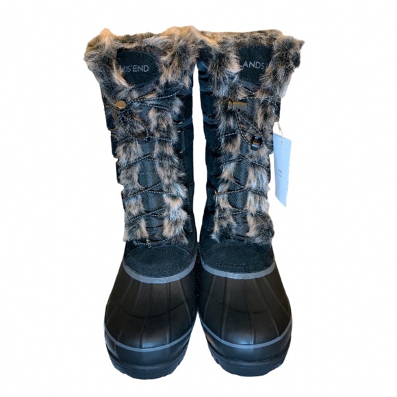 LANDSEND Black Hillary Snow Boots Rugged Warm Winter Faux Fur Trimmed Side Zip - Picture 3 of 6